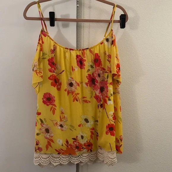 Floral Yellow Camisole Top with Lace Trim - Picture 1 of 4
